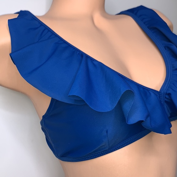 NEW VECVOC Blue Ruffle V-Neck Swimsuit Bikini Top - Picture 2 of 5